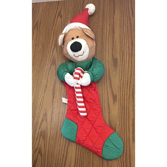 Christmas Bear Nylon Stocking Quilted 28" May Dept Store Stuffed Animal Toy - Picture 1 of 6